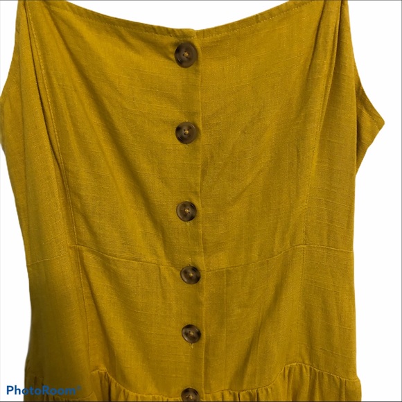Urban Outfitters Linen Button-Down Drop Waist Pleated Skirt Midi Dress Mustard - Picture 6 of 16